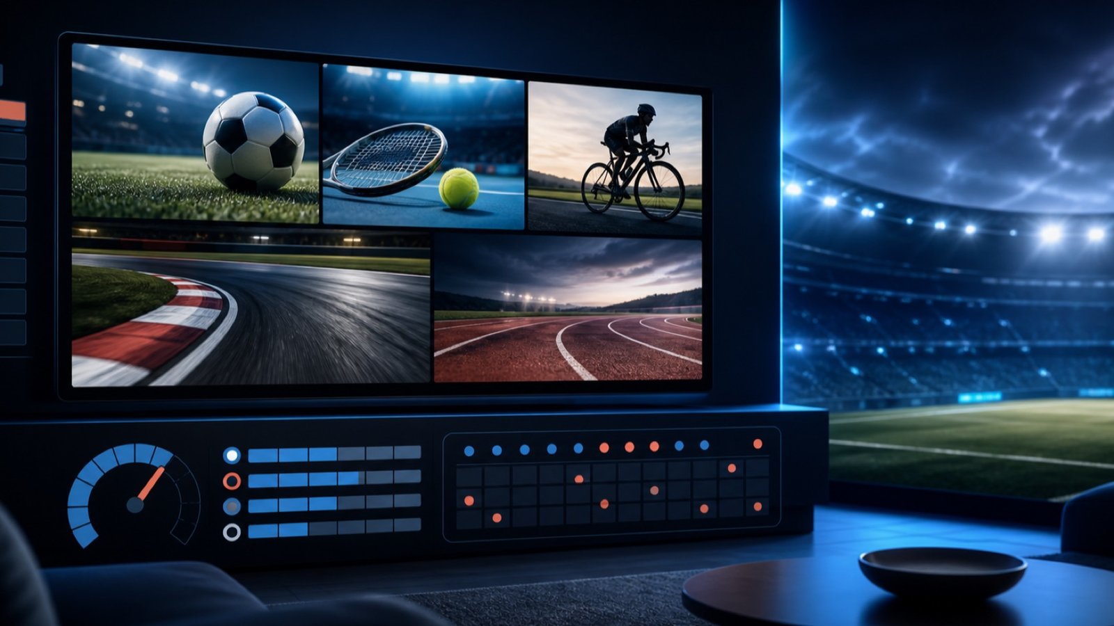Ilustración de televisión deportiva con fútbol, tenis, ciclismo y automovilismo