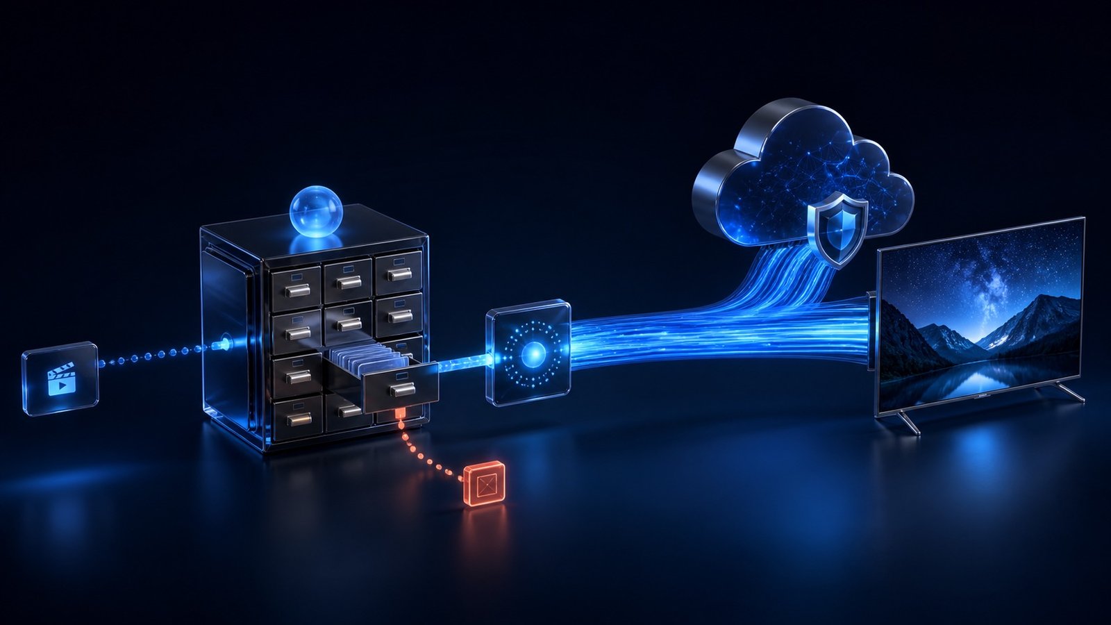 Ilustración conceptual de un directorio y una conexión a la nube para explicar el DNS en IPTV