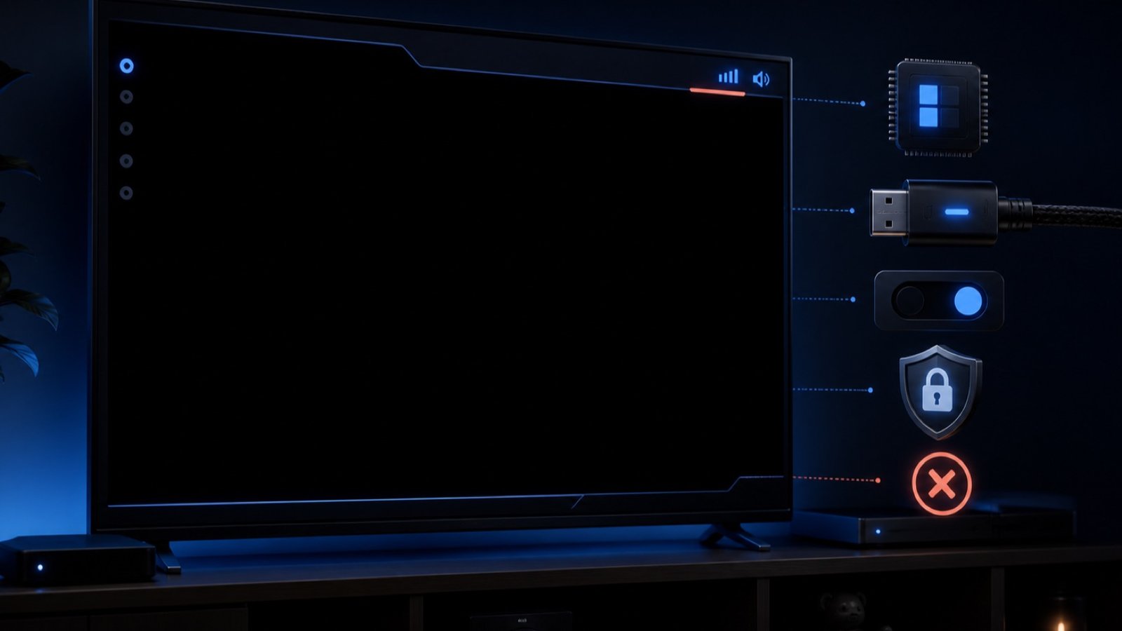 Ilustración de un televisor con pantalla negra y elementos de diagnóstico de IPTV