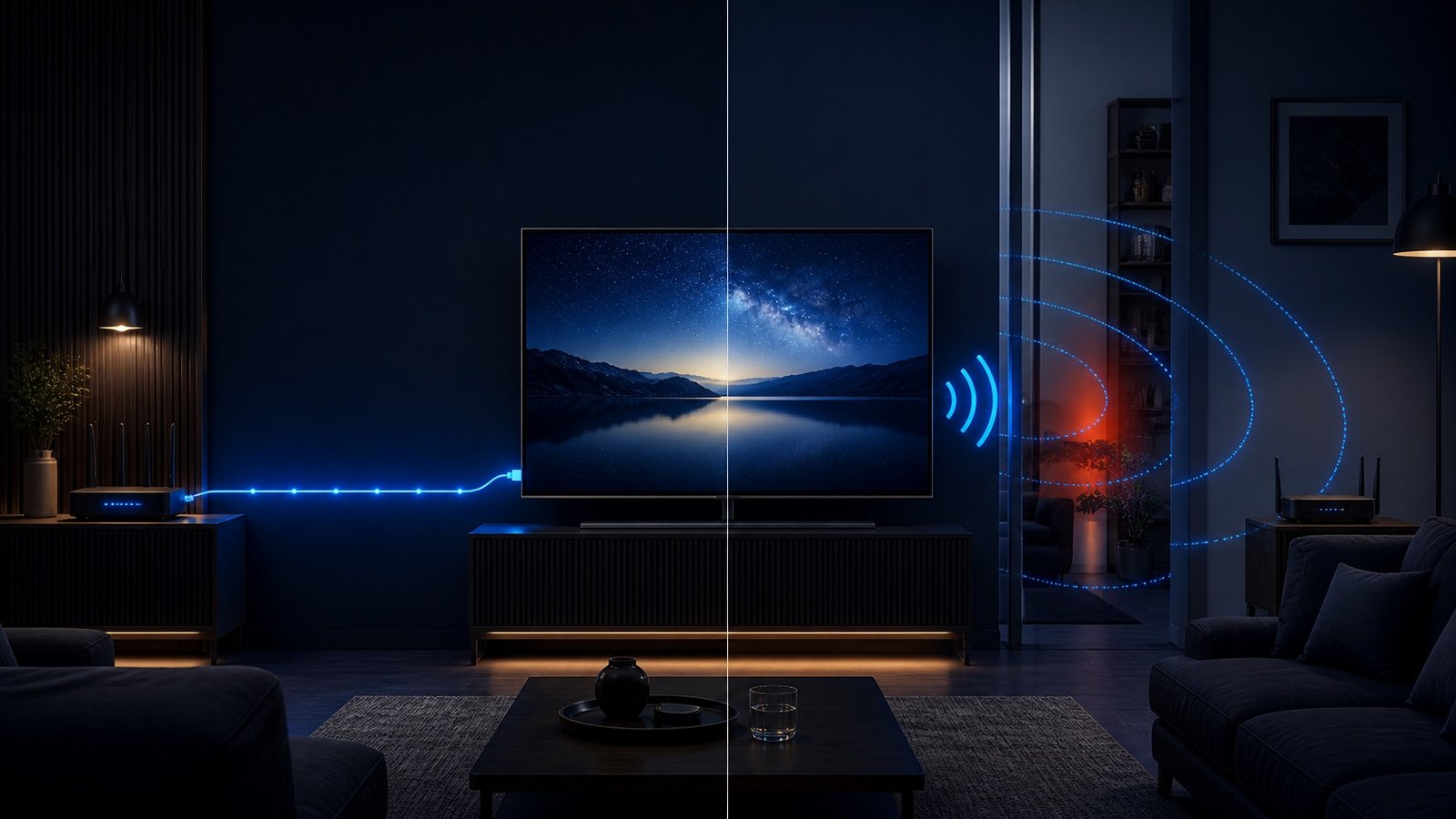 Ilustración comparativa de una televisión conectada al router por Ethernet y por Wi-Fi
