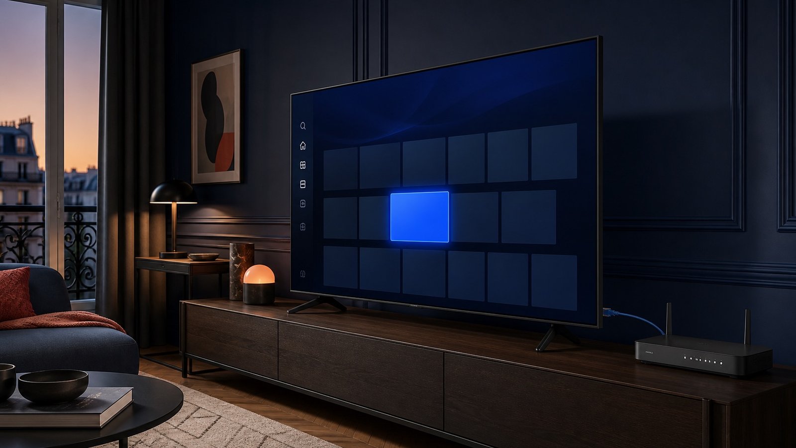 Ilustración de una Smart TV con aplicaciones para orientar la instalación de IPTV