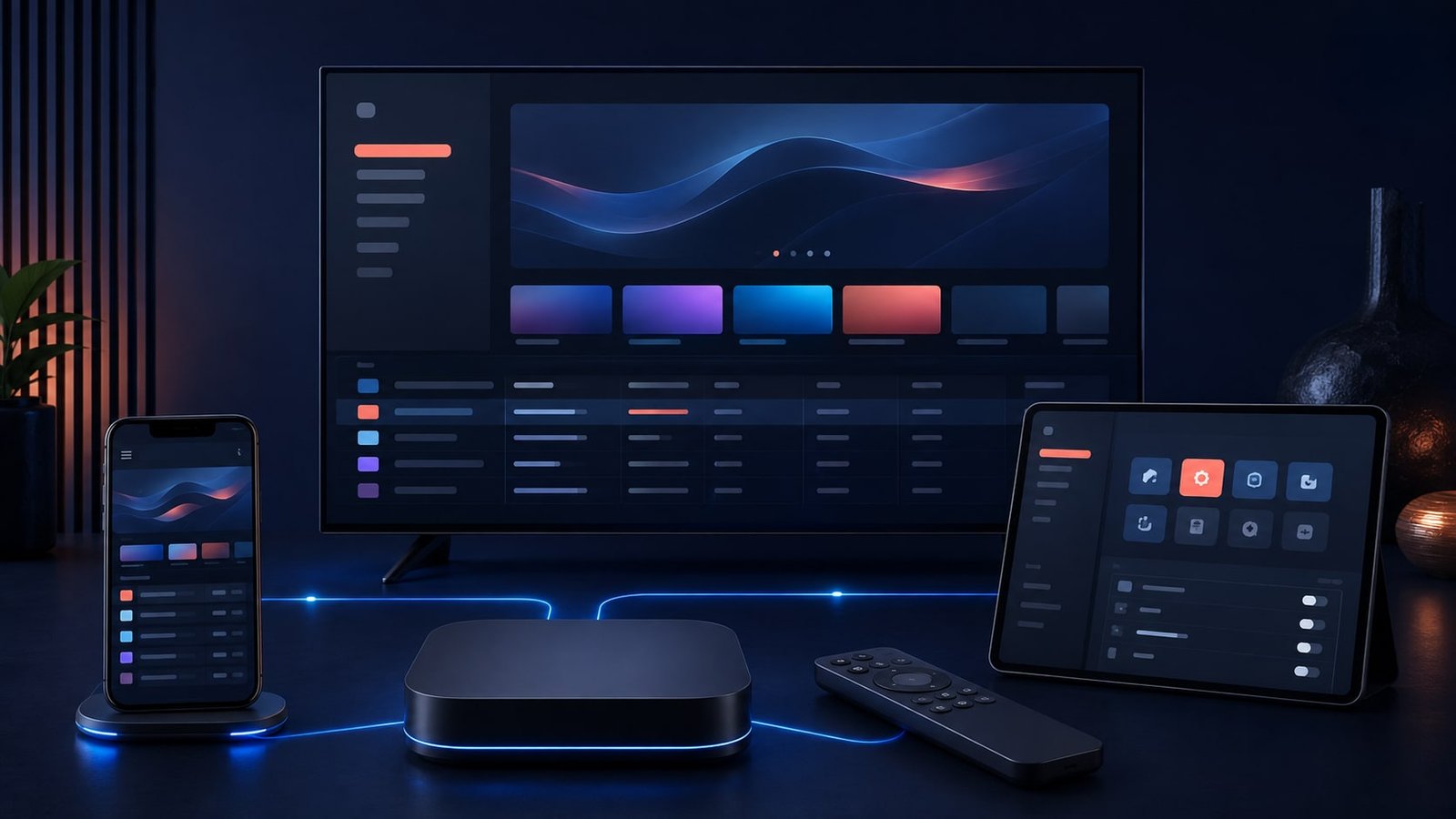 Ilustración de un reproductor IPTV en televisión, tableta y móvil con mando a distancia