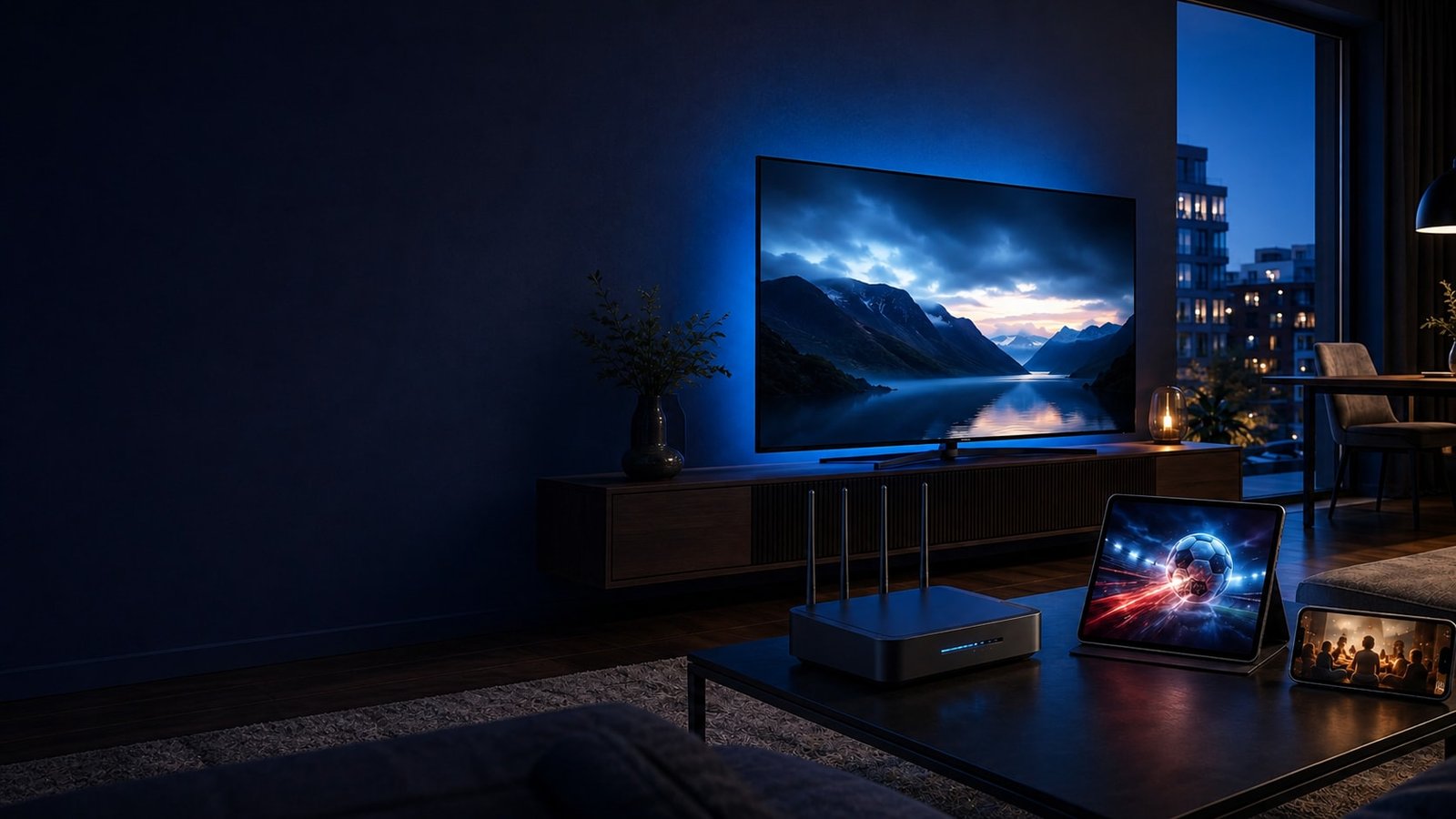 Televisión por internet en un salón, con Smart TV, tableta y móvil