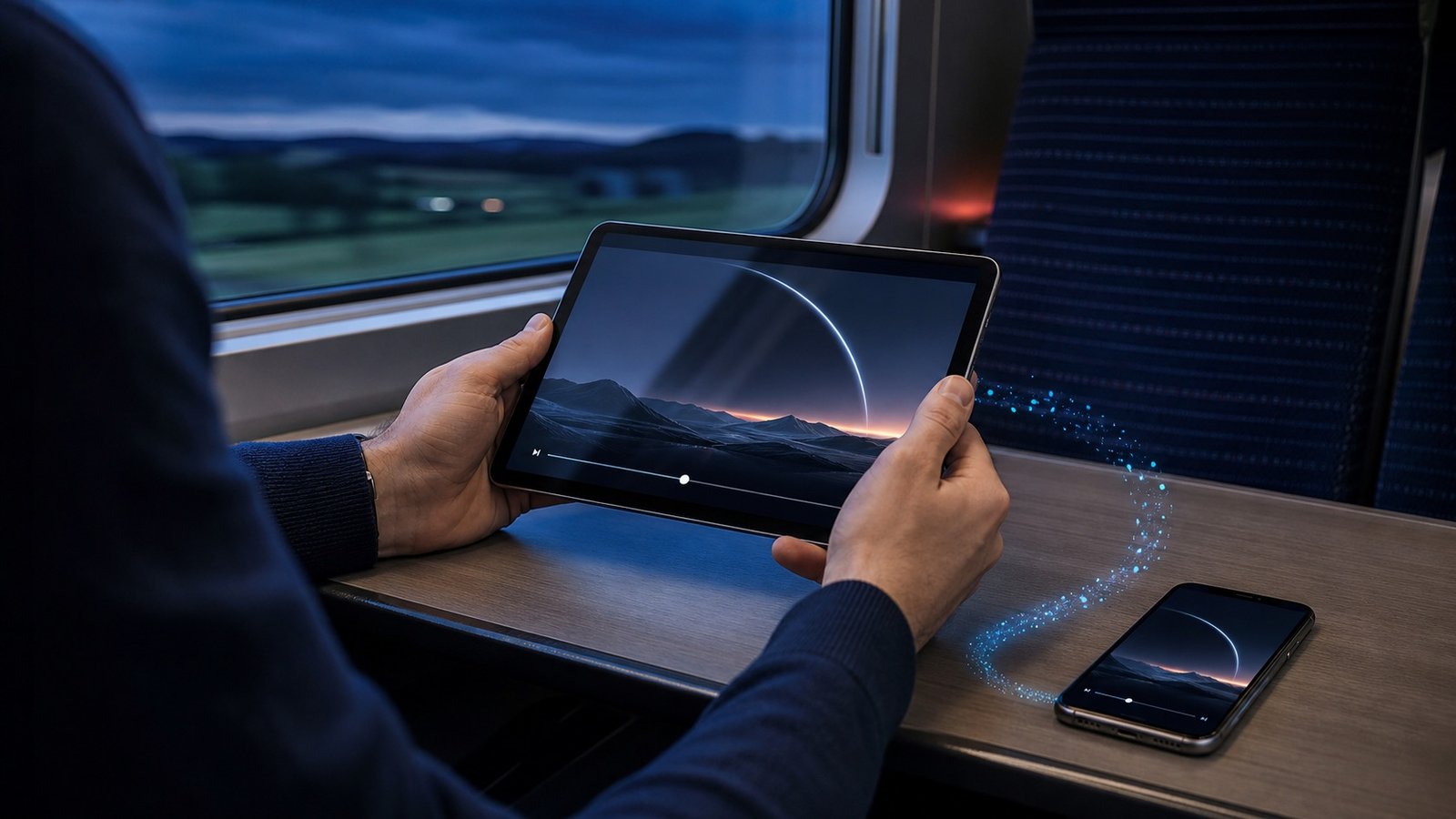 Persona usando una tableta junto a un teléfono durante un viaje en tren