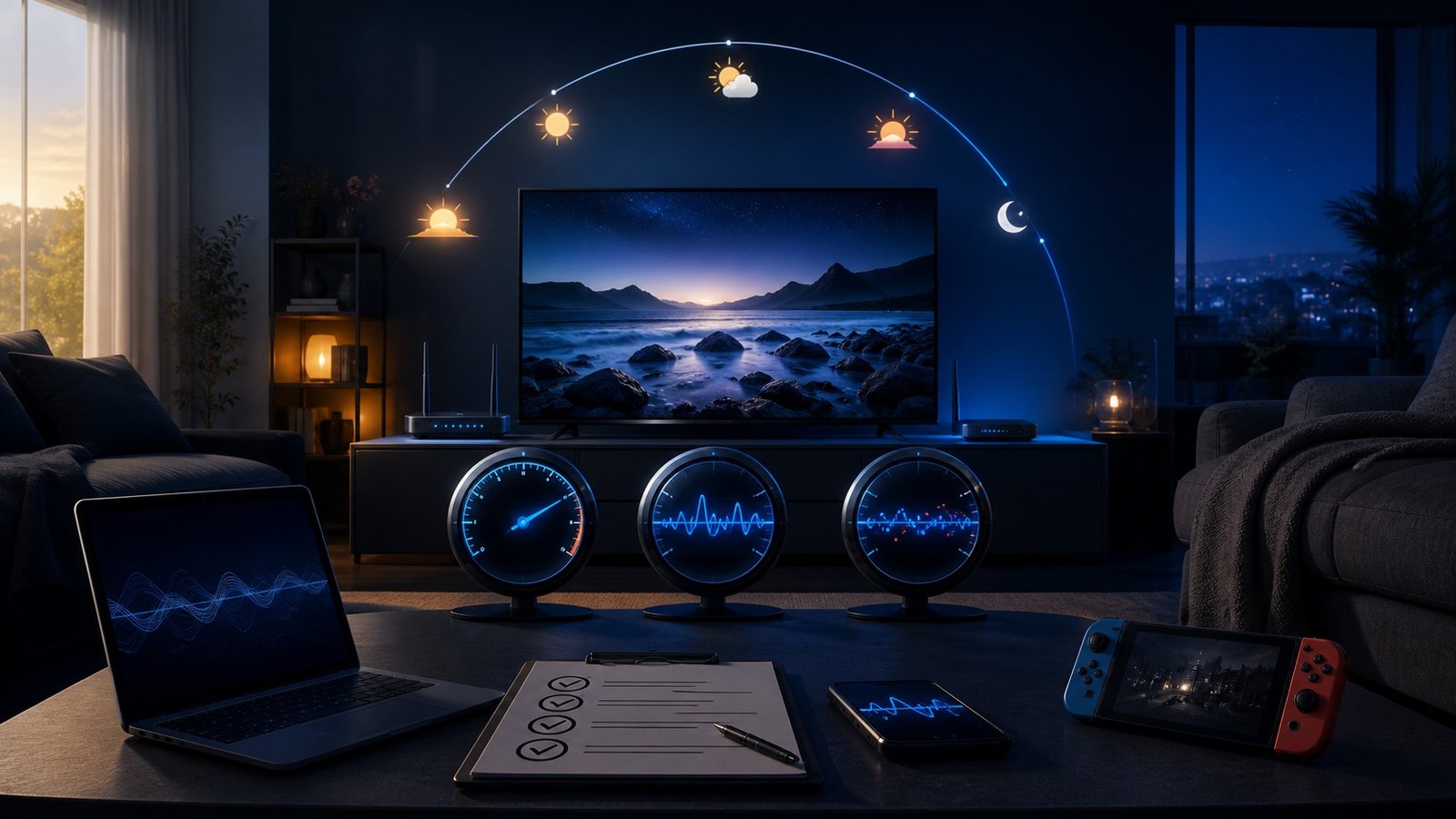 Ilustración de un televisor, router e indicadores para planificar una prueba de conexión IPTV