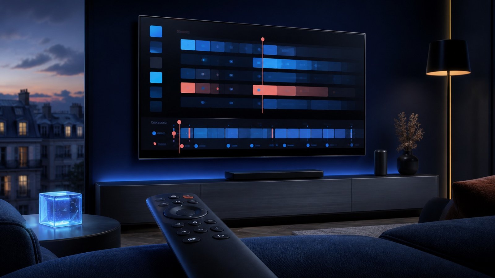 Ilustración de un televisor con guía de programas y mando para configurar un reproductor IPTV